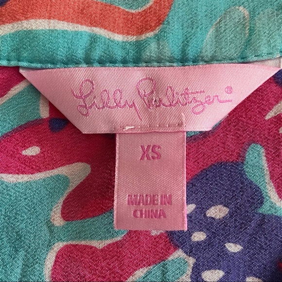 Lilly Pulitzer 100% Silk Floral Long Roll Sleeve Tabs Popover Henley Blouse 4599 - Picture 5 of 9